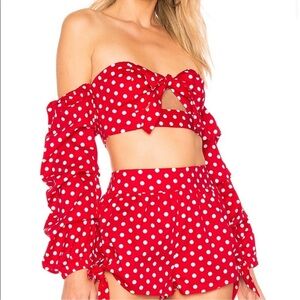 Majorelle Red White Polka Dot Off the Shoulder Crop Long Sleeve Top Size medium